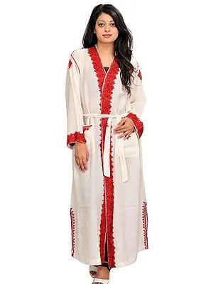 Ivory Robe from Kashmir with Aari Hand-Embroidered Paisleys on Border
