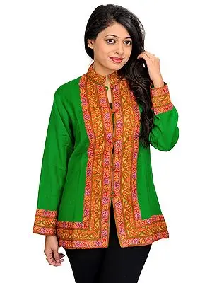 Mint-Green Jacket from Kashmir with Aari Hand-Embroidery on Border