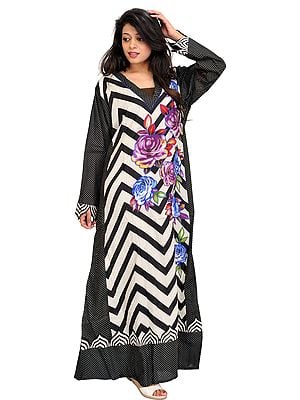 Black and White Printed Kaftan with Applique Roses and Zigzag Stripes