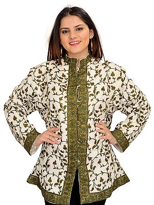 Ivory and Green Jacket from Kashmir with Aari Hand-Embroidered Paisleys All-Over