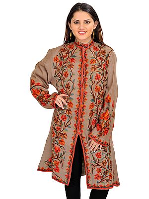 Plaza-Taupe Long Jacket from Kashmir with Aari Hand-Embroidered Maple Tree