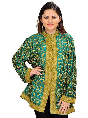 Parasailing-Green Jacket from Kashmir with Aari Hand-Embroidered Paisleys All-Over