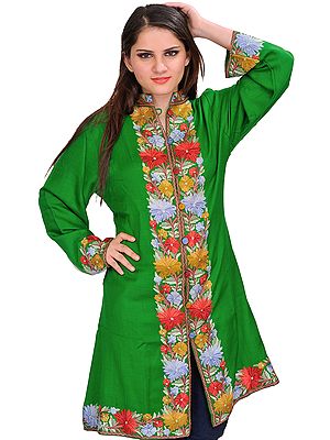 Mint-Green Long Jacket from Kashmir with Aari Hand-Embroidered Flowers on Neck