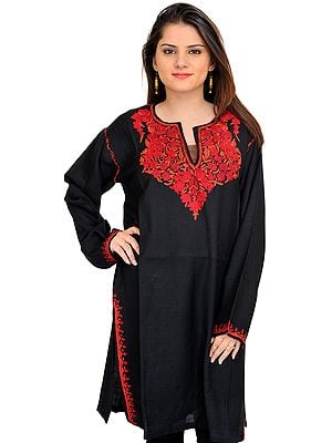 Red Kashmiri Phiran with Hand-Embroidery on Neck | Exotic India Art
