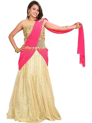 Golden and Pink Designer One-Piece Dress with Sequins All-Over