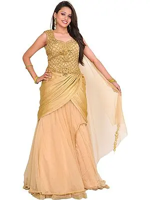Metallic Designer Polo Gown with Stones and Embroidered Beads