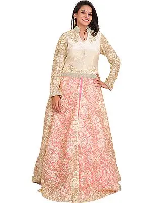 White and Pink Diamond Jacket Lehanga with Embroiderd Flowers