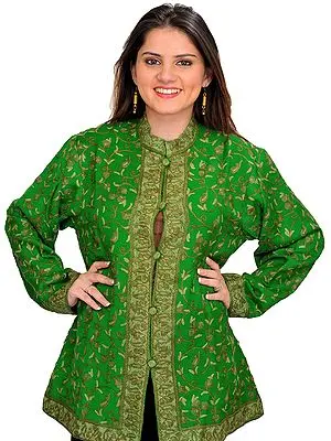 Mint-Green Jacket from Kashmir with Aari Hand-Embroidered Paisleys All-Over