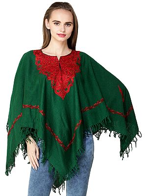 Poncho from Kashmir with Aari Hand-Embroidered Paisleys on Neck