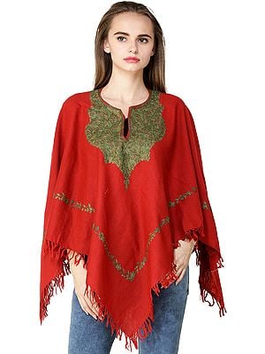 Poncho from Kashmir with Aari Hand-Embroidered Paisleys on Neck