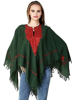 Poncho from Kashmir with Aari Hand-Embroidered Paisleys on Neck