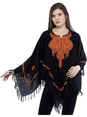 Poncho from Kashmir with Aari Hand-Embroidered Paisleys on Neck