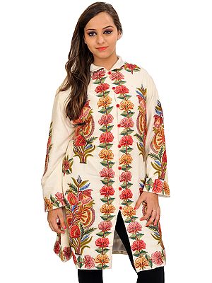 Off-White Long Jacket from Kashmir with Aari Hand-Embroidered Flower Bouquets