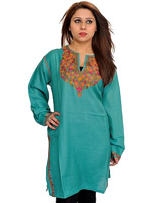 Canton-Green Phiran from Kashmir with Floral Hand-Embroidery on Neck