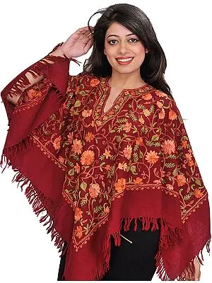 Biking-Red Floral Aari-Embroidered Poncho from Kashmir