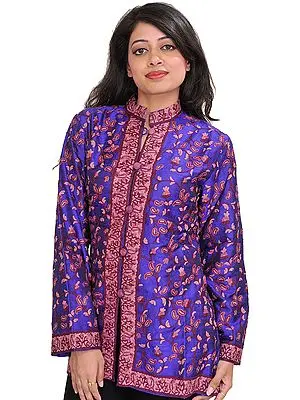 Royal-Blue Jacket from Kashmir with Aari Hand-Embroidered Paisleys All-Over