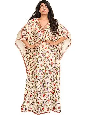 Cream Floral Hand-Embroidered Kaftan from Kashmir