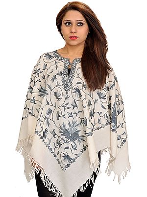 Off-White and Gray Aari Hand-Embroidered Poncho from Kashmir