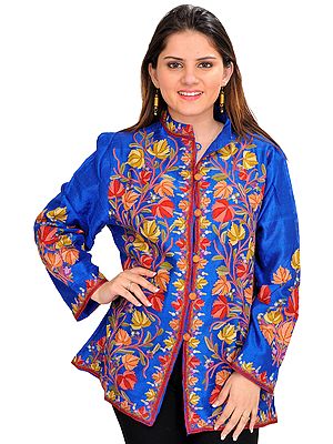 Imperial-Blue Jacket from Kashmir with Aari Hand-Embroidered Chinar Leaves