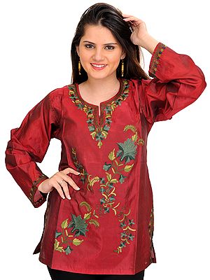 Garnet-Red Kurti from Kashmir with Aari-Embroidery by Hand