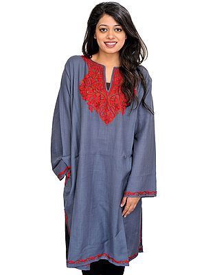 Gray and Red Phiran from Kashmir with Aari Hand-Embroidery on Neck