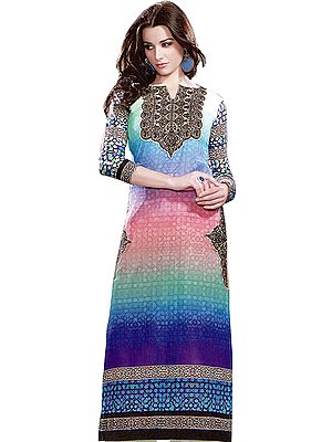 Blue Digital-Printed Long Kurti with Embroidered Patches