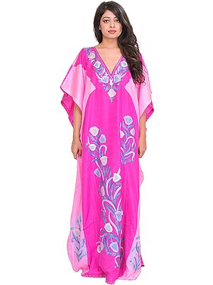 Raspberry-Rose and Pink Kaftan from Kashmir with Aari-Embroidered Flowers