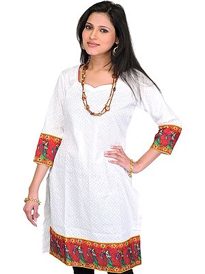 White Chikan-Embroidered Kurti with Digital Printed Patch Border