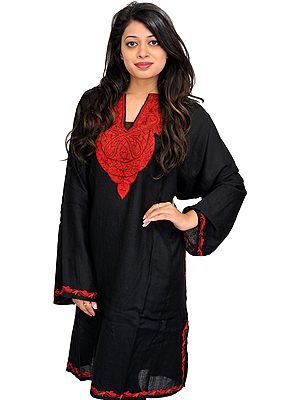 Jet-Black Phiran from Kashmir with Aari Hand-Embroidery on Neck