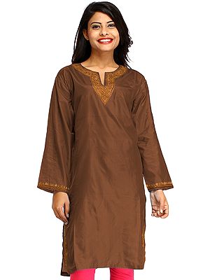 Plain Long Kurti from Kashmir with Aari Hand-Embroidery on Neck