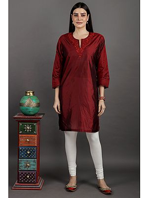 Plain Long Kurti from Kashmir with Aari Hand-Embroidery on Neck