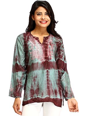 Surf-Blue Batik Dyed Kurti from Kashmir with Aari-Embroidery