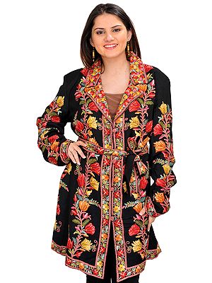 Black Long Jacket from Kashmir with Floral Aari-Embroidery and Waist Sash