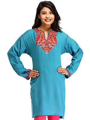 Aqua-Blue Kurti from Kashmir with Aari Hand-Embroidered Flowers on Neck
