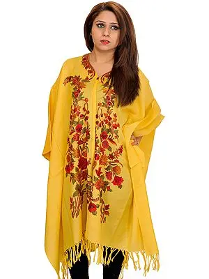 Yellow Cape from Kashmir with Floral Aari-Embroidery by Hand