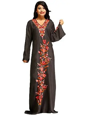 Rabbit-Gray Aari Floral Embroidered Gown from Kashmir