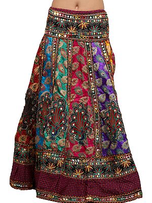 Multicolored Ghagra Skirt from Gujarat with Woven Peacock Feathers and Sequins
