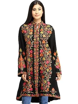 Phantom-Black Long Jacket from Kashmir with Aari Hand-Embroidered Maple Leaves
