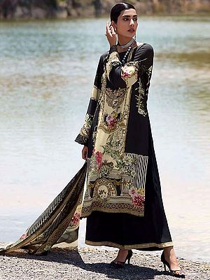Black-Gray Digital Floral Print Palazzo Salwar Kameez With Floral Butta Embroidery on Neck With Designer Printed Dupatta