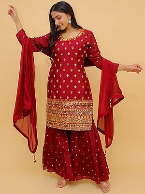 Bright Red Georgette Palazzo Pant Salwar Kameez Suit With Heavy Embroidered Border And All Over Foil Mirror Work