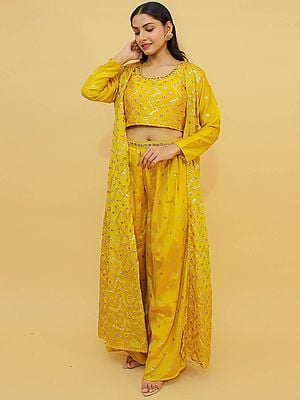 Lemon-Yellow Chinon Sharara Set With Floral Resham-Zari-Mirror-Sequin All-Over Work On Jacket And Blouse