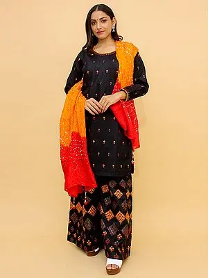 Navy-Blue Art Silk Sharara Pant Salwar Kameez Suit with Thread Embroidered and Sequin All-Over Work