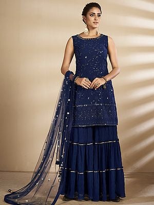 Patriot-Blue Georgette Designer Palazzo Pant Salwar Kameez Suit With Embellished Sequins Work And Designer Dupatta