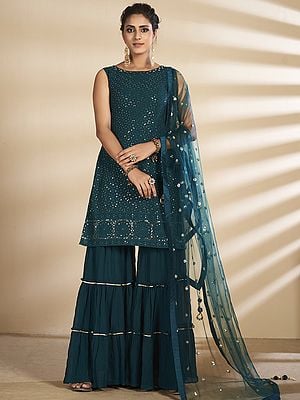 Turquoise-Green Georgette Palazzo Pant Salwar Kameez Suit With Sequins Embroidery And Designer Dupatta