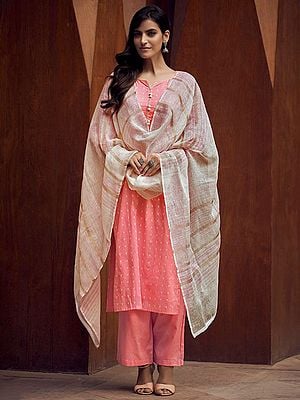 Cotton Salwar Kameez With Bundi Motif Floral Weave On The Body And Straight Style Pant