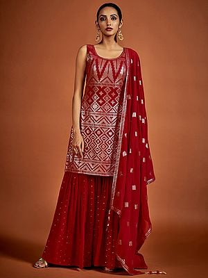 Red Georgette Chowkadi Motif Sharara Suit With Sequins Work And Latkan Dupatta