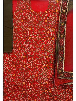 Tango-Red and Olive Phulkari Salwar Kameez Fabric with Aari Embroidered Flowers