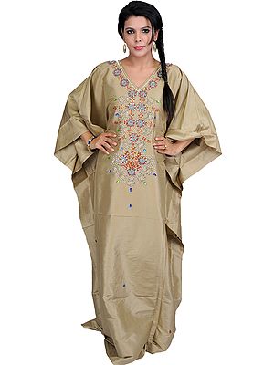 Taos-Taupe Kashmiri Kaftan with Embroidered Beads