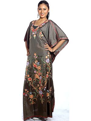 Taupe Kaftan from Kashmir with Aari-Embroidered Flowers