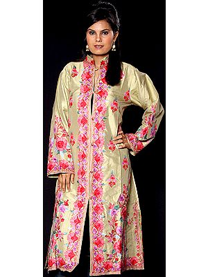 Tea-Green Long Silk Jacket with Embroidered Flowers